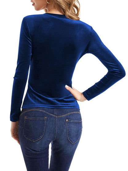 Velvet Tops- Luxe Velour Charm: Elegant Wrap V-Neck Top- - Pekosa Women Clothing