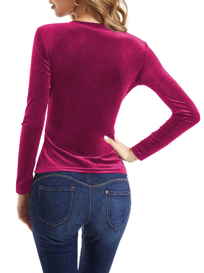 Velvet Tops- Luxe Velour Charm: Elegant Wrap V-Neck Top- - Pekosa Women Clothing