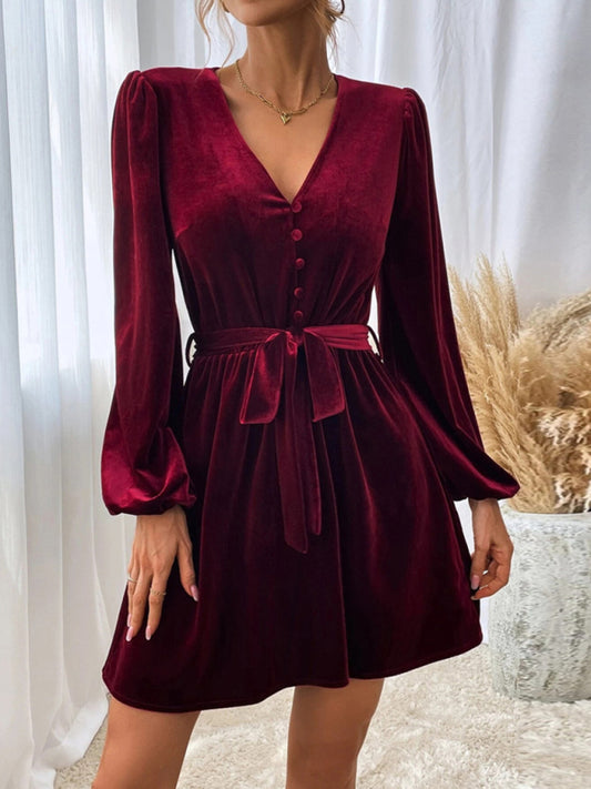 Velvet dresses- Velvet Long Lantern Sleeves V-Neck Mini Dress- Wine Red- Pekosa Women Clothing