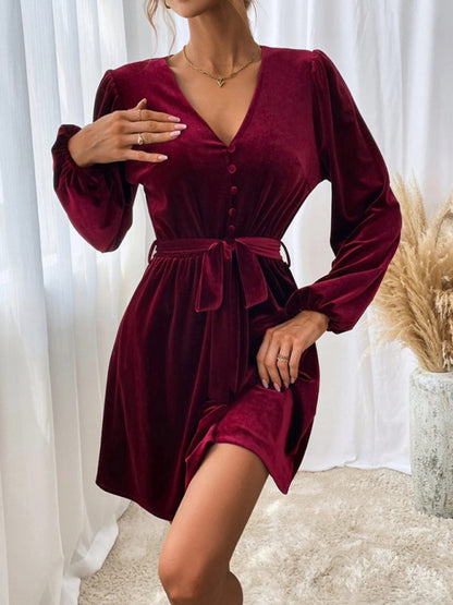 Velvet dresses- Velvet Long Lantern Sleeves V-Neck Mini Dress- - Pekosa Women Clothing