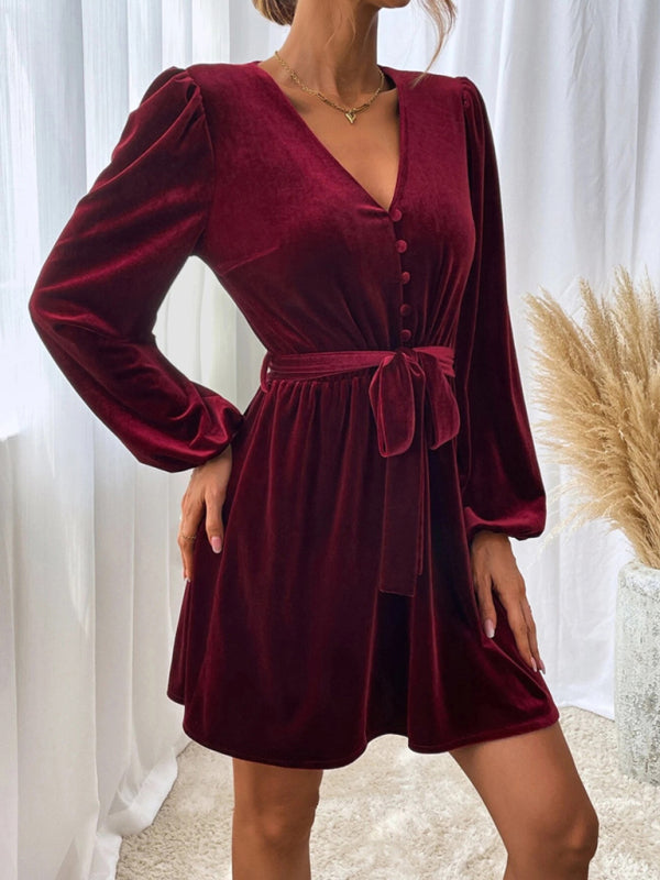 Velvet dresses- Velvet Long Lantern Sleeves V-Neck Mini Dress- - Pekosa Women Clothing