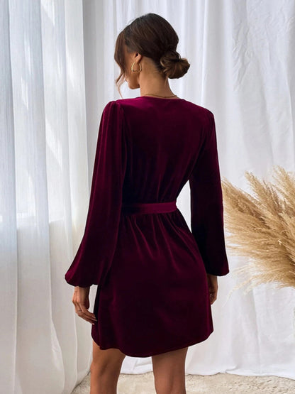 Velvet dresses- Velvet Long Lantern Sleeves V-Neck Mini Dress- - Pekosa Women Clothing