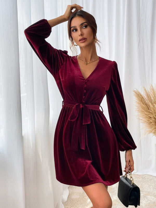 Velvet dresses- Velvet Long Lantern Sleeves V-Neck Mini Dress- - Pekosa Women Clothing