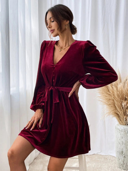 Velvet dresses- Velvet Long Lantern Sleeves V-Neck Mini Dress- - Pekosa Women Clothing