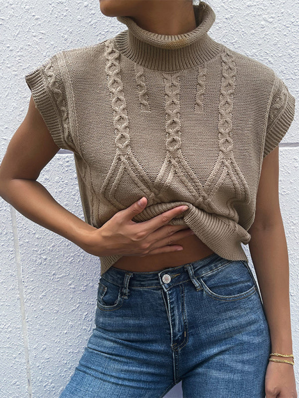 Vest Sweaters- Cable Knit Turtleneck Sweater Vest- Brown- Pekosa Women Clothing