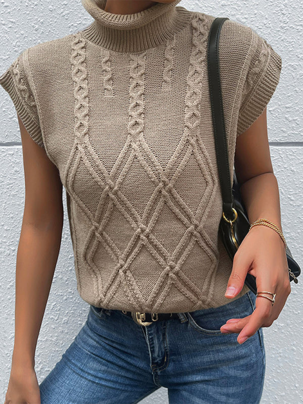 Vest Sweaters- Cable Knit Turtleneck Sweater Vest- - Pekosa Women Clothing