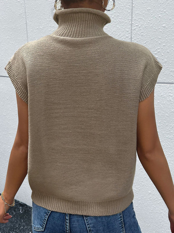 Vest Sweaters- Cable Knit Turtleneck Sweater Vest- - Pekosa Women Clothing