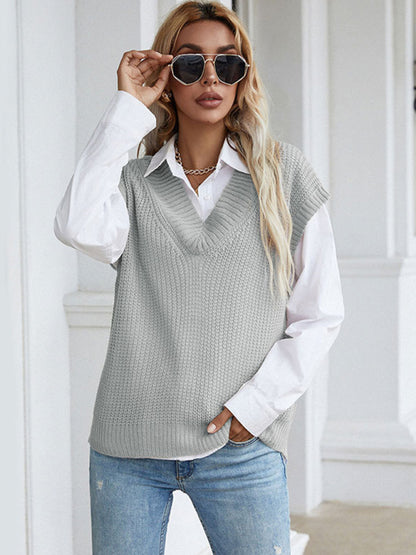 Vest Sweaters- Winter Office Solid-Knitted Waffle Vest V-Neck Sweater- Misty grey- Pekosa Women Clothing