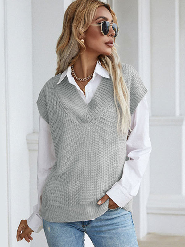 Vest Sweaters- Winter Office Solid-Knitted Waffle Vest V-Neck Sweater- - Pekosa Women Clothing