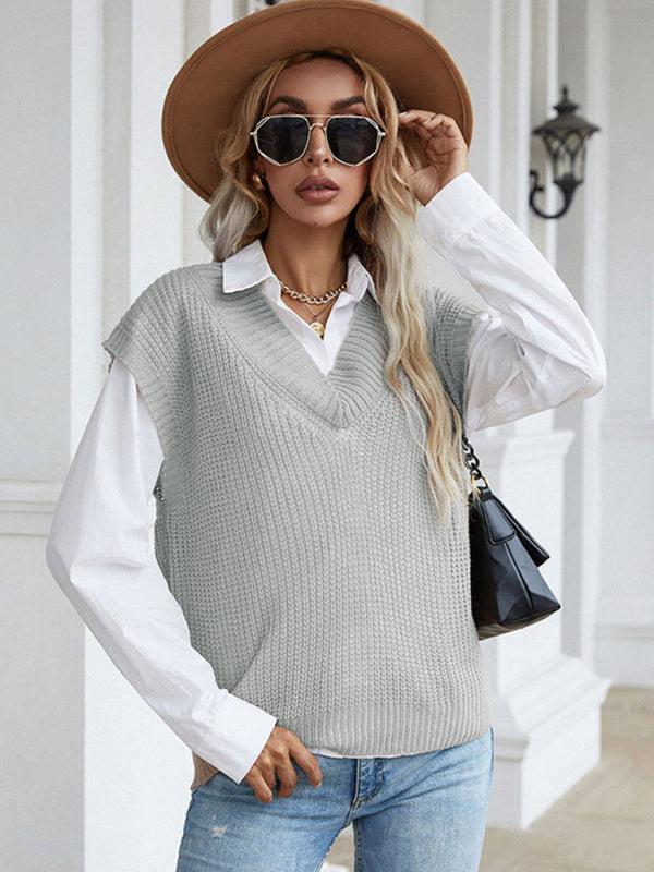 Vest Sweaters- Winter Office Solid-Knitted Waffle Vest V-Neck Sweater- - Pekosa Women Clothing