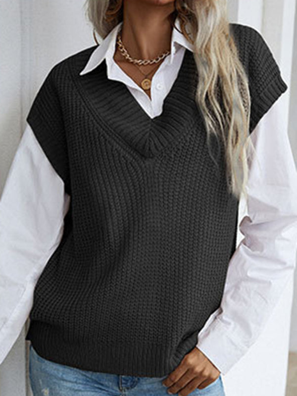 Vest Sweaters- Winter Office Solid-Knitted Waffle Vest V-Neck Sweater- - Pekosa Women Clothing