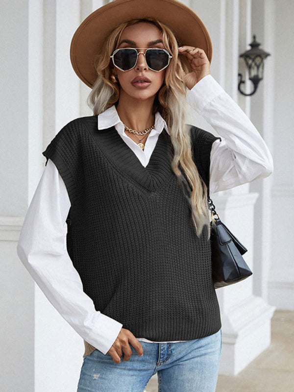 Vest Sweaters- Winter Office Solid-Knitted Waffle Vest V-Neck Sweater- - Pekosa Women Clothing