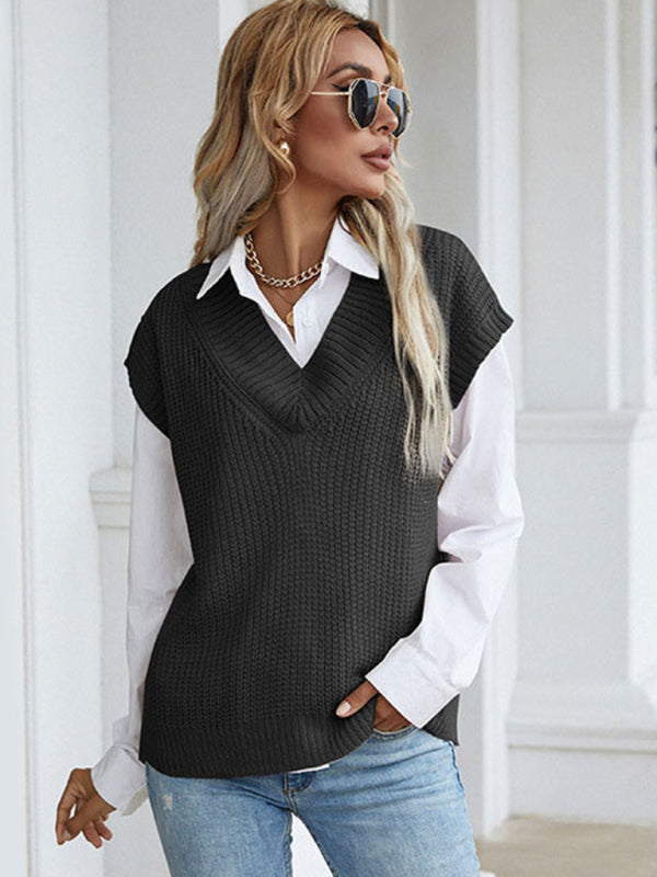 Vest Sweaters- Winter Office Solid-Knitted Waffle Vest V-Neck Sweater- - Pekosa Women Clothing