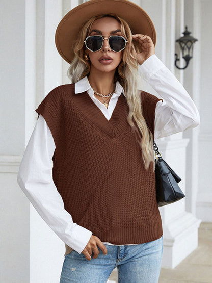 Vest Sweaters- Winter Office Solid-Knitted Waffle Vest V-Neck Sweater- - Pekosa Women Clothing
