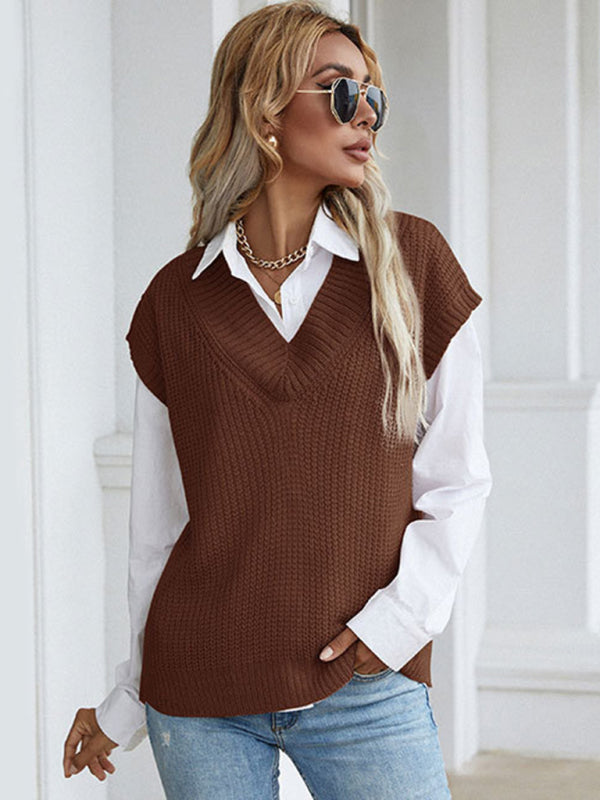 Vest Sweaters- Winter Office Solid-Knitted Waffle Vest V-Neck Sweater- - Pekosa Women Clothing