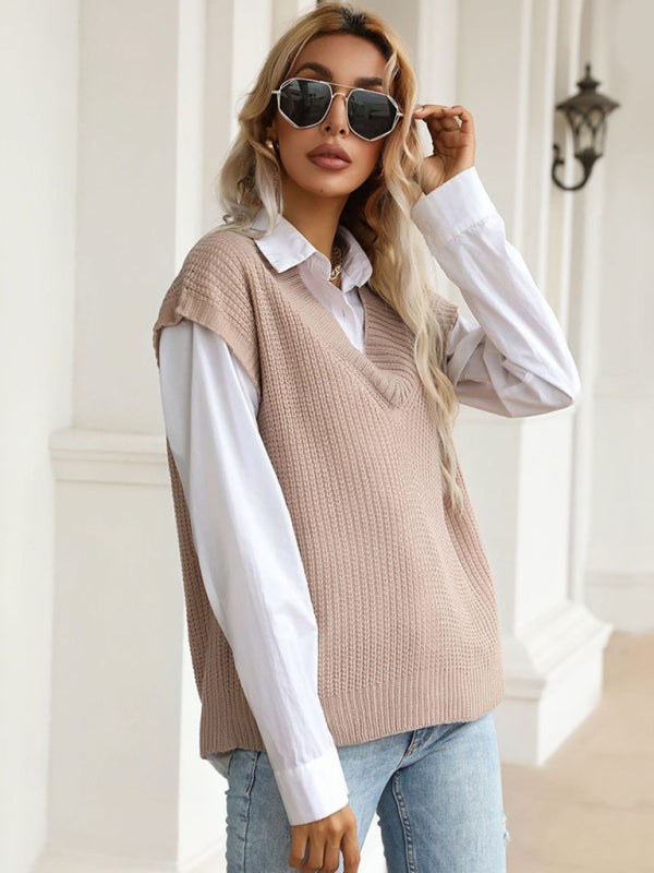 Vest Sweaters- Winter Office Solid-Knitted Waffle Vest V-Neck Sweater- Khaki- Pekosa Women Clothing