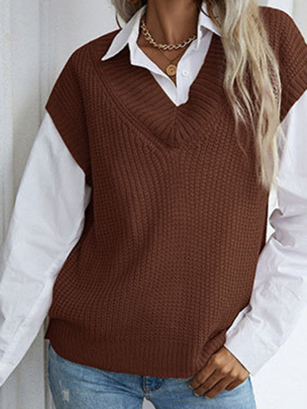 Vest Sweaters- Winter Office Solid-Knitted Waffle Vest V-Neck Sweater- - Pekosa Women Clothing