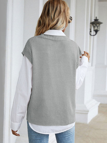 Vest Sweaters- Winter Office Solid-Knitted Waffle Vest V-Neck Sweater- - Pekosa Women Clothing