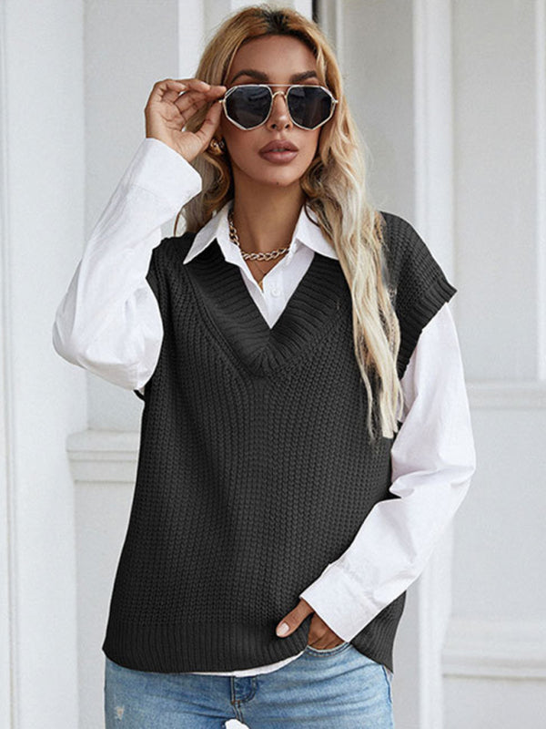 Vest Sweaters- Winter Office Solid-Knitted Waffle Vest V-Neck Sweater- Black- Pekosa Women Clothing