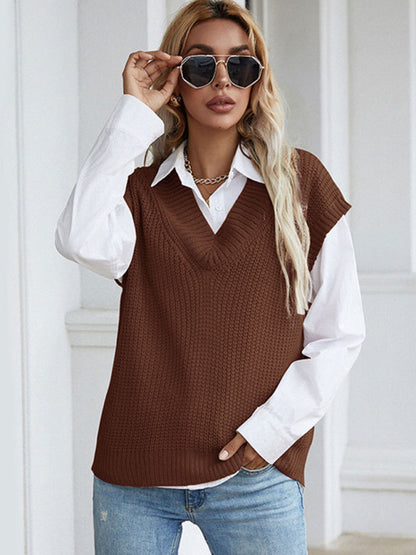Vest Sweaters- Winter Office Solid-Knitted Waffle Vest V-Neck Sweater- Coffee- Pekosa Women Clothing