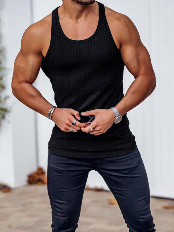 Vests- Men’s Essential Ribbed Sleeveless Vest - Racerback Tank Top- Black- Pekosa Women Clothing