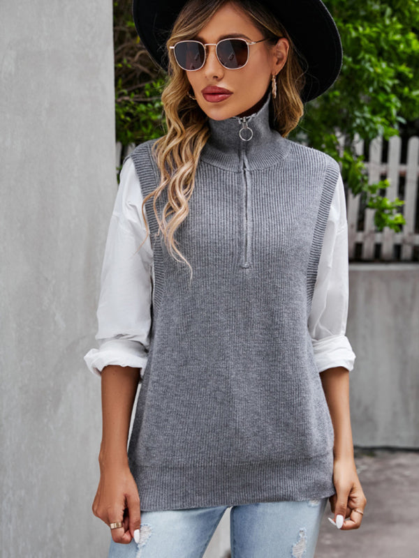 Vests- Solid-Knitted Half Zip-Up Stand Collar Vest Sweater- Grey- Pekosa Women Clothing