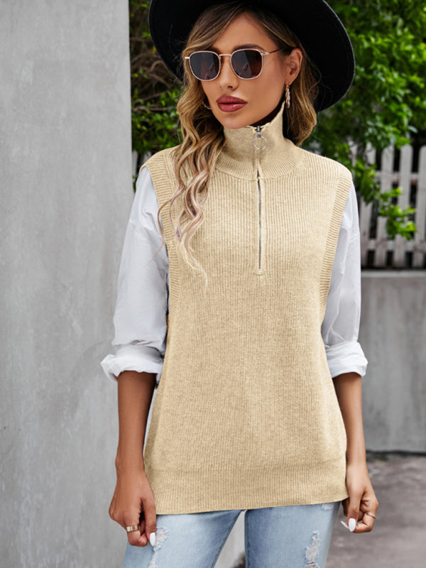 Vests- Solid-Knitted Half Zip-Up Stand Collar Vest Sweater- - Pekosa Women Clothing