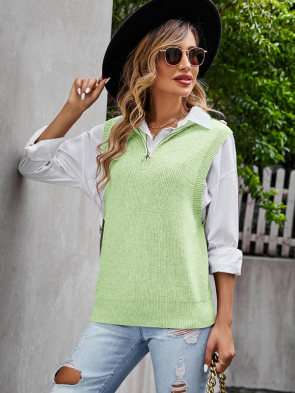 Vests- Solid-Knitted Half Zip-Up Stand Collar Vest Sweater- - Pekosa Women Clothing