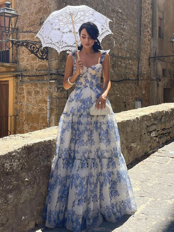 Vintage Dresses- Draped in Elegance Vintage Blue Print Floor Length Dress - Ball Gown- - Pekosa Women Clothing