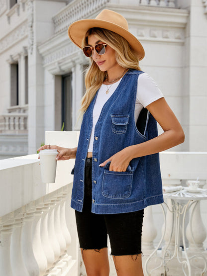 Waistcoats- Button-Up Denim Jean Waistcoat - Perfect Vest for Casual and Travel- - Pekosa Women Clothing