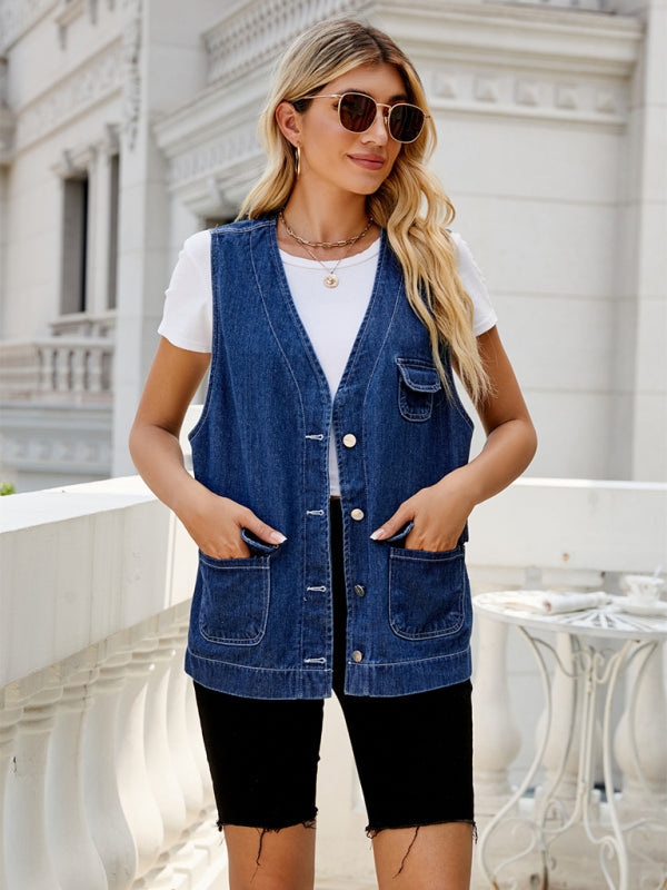 Waistcoats- Button-Up Denim Jean Waistcoat - Perfect Vest for Casual and Travel- - Pekosa Women Clothing