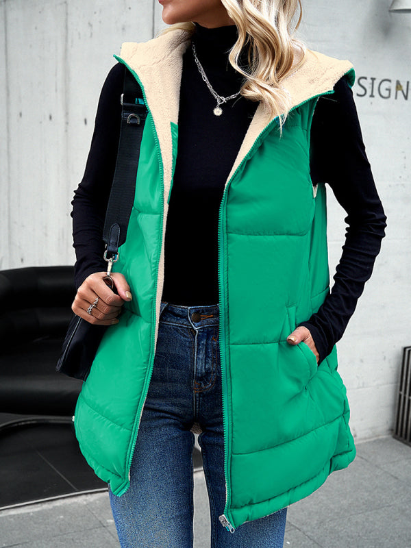 Waistcoats- Puffer Hooded Waistcoat - Zip-Up Mid-Length Vest for Winter- Green- Pekosa Women Clothing