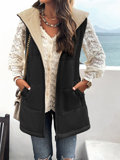 Waistcoats- Puffer Hooded Waistcoat - Zip-Up Mid-Length Vest for Winter- Black- Pekosa Women Clothing