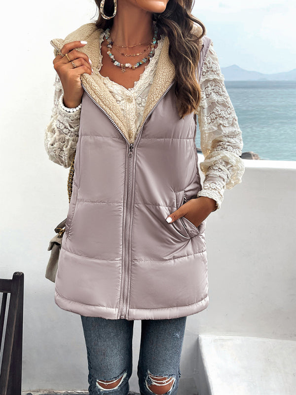 Waistcoats- Puffer Hooded Waistcoat - Zip-Up Mid-Length Vest for Winter- - Pekosa Women Clothing