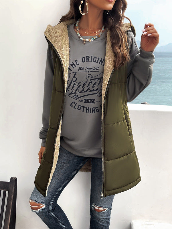 Waistcoats- Puffer Hooded Waistcoat - Zip-Up Mid-Length Vest for Winter- - Pekosa Women Clothing