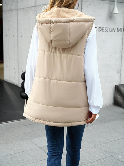 Waistcoats- Puffer Hooded Waistcoat - Zip-Up Mid-Length Vest for Winter- - Pekosa Women Clothing