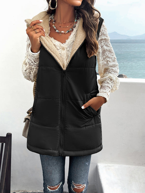 Waistcoats- Puffer Hooded Waistcoat - Zip-Up Mid-Length Vest for Winter- - Pekosa Women Clothing