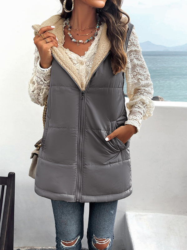 Waistcoats- Puffer Hooded Waistcoat - Zip-Up Mid-Length Vest for Winter- - Pekosa Women Clothing