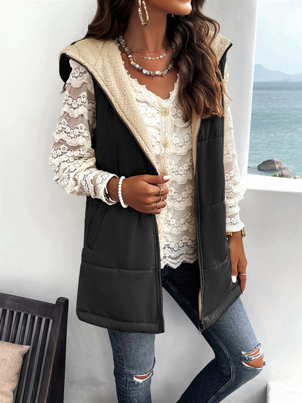 Waistcoats- Puffer Hooded Waistcoat - Zip-Up Mid-Length Vest for Winter- - Pekosa Women Clothing