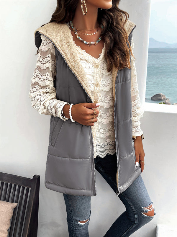 Waistcoats- Puffer Hooded Waistcoat - Zip-Up Mid-Length Vest for Winter- - Pekosa Women Clothing