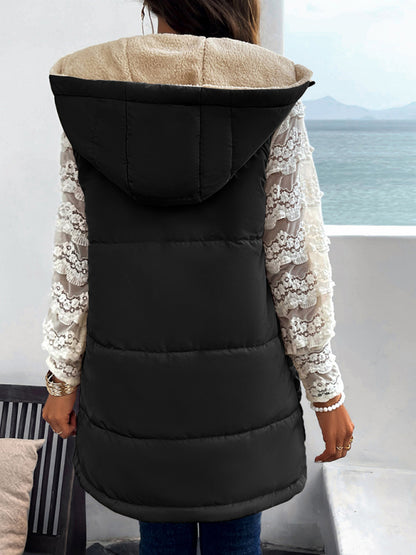 Waistcoats- Puffer Hooded Waistcoat - Zip-Up Mid-Length Vest for Winter- - Pekosa Women Clothing