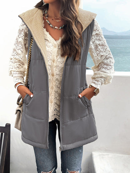 Waistcoats- Puffer Hooded Waistcoat - Zip-Up Mid-Length Vest for Winter- - Pekosa Women Clothing