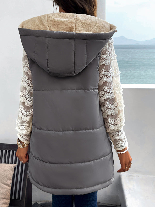 Waistcoats- Puffer Hooded Waistcoat - Zip-Up Mid-Length Vest for Winter- - Pekosa Women Clothing