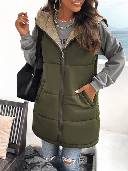 Waistcoats- Puffer Hooded Waistcoat - Zip-Up Mid-Length Vest for Winter- - Pekosa Women Clothing