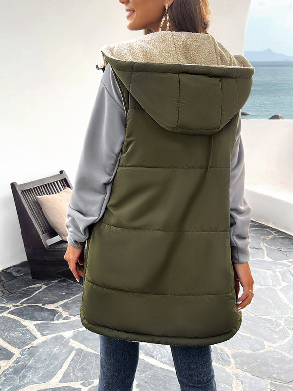 Waistcoats- Puffer Hooded Waistcoat - Zip-Up Mid-Length Vest for Winter- - Pekosa Women Clothing