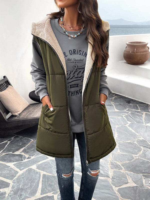 Waistcoats- Puffer Hooded Waistcoat - Zip-Up Mid-Length Vest for Winter- - Pekosa Women Clothing