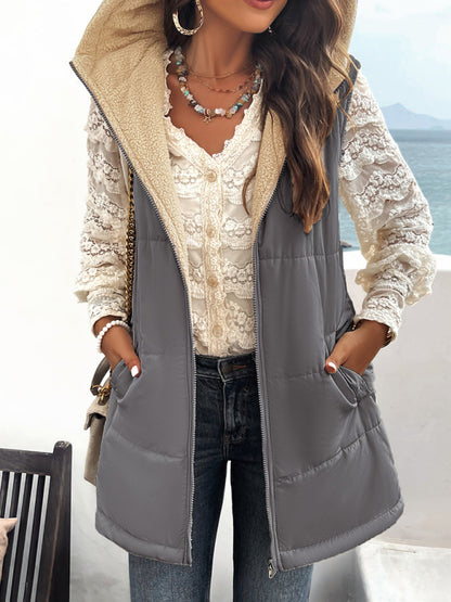 Waistcoats- Puffer Hooded Waistcoat - Zip-Up Mid-Length Vest for Winter- Blue grey- Pekosa Women Clothing