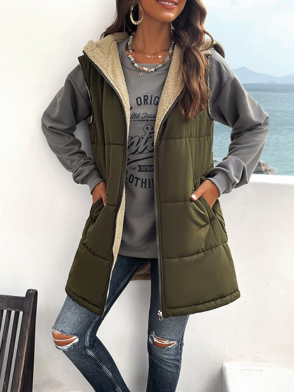 Waistcoats- Puffer Hooded Waistcoat - Zip-Up Mid-Length Vest for Winter- Olive green- Pekosa Women Clothing