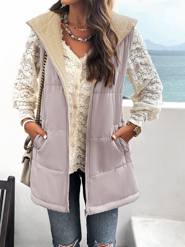 Waistcoats- Puffer Hooded Waistcoat - Zip-Up Mid-Length Vest for Winter- Lotus root Pink- Pekosa Women Clothing