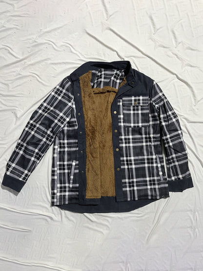 Warmer Jackets- Winter Plaid Patchwork Fleece-Lined Corduroy Jacket for Men- - Pekosa Women Clothing